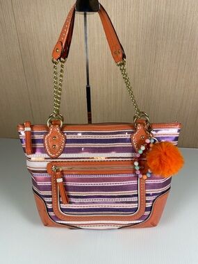 Coach Sequin Stripe Tote Orange Patent Leather Trim Chain Strap Shoulder Poppy
